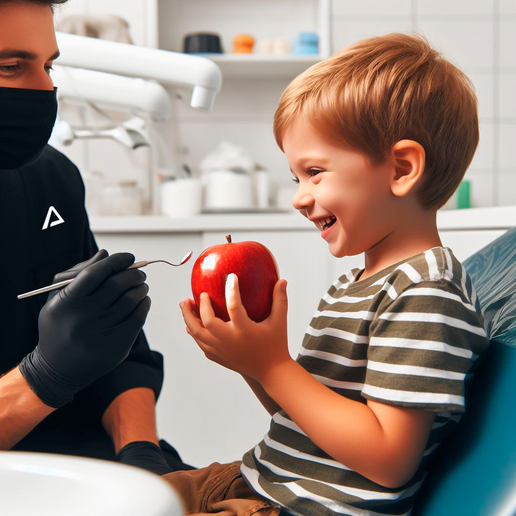 Niño sonriendo sentado con una manzana en la mano junto a un dentista. Imagen representativa del post sobre la relación entre la alimentación y la salud dental publicado por la clínica dental Avilés Digital Dental Clinic, dentistas en Málaga.